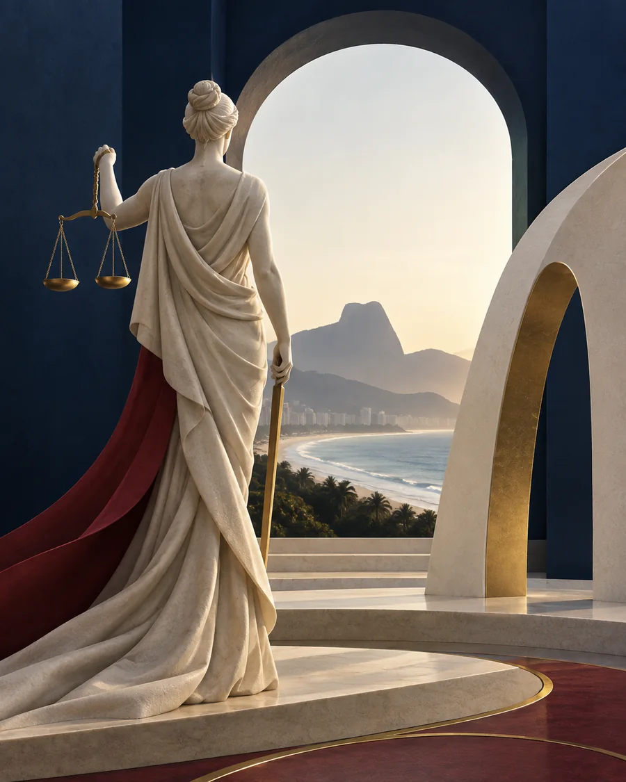 Representação da Justiça diante da paisagem da Barra da Tijuca